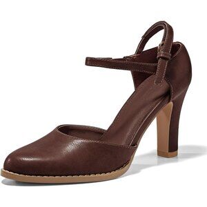 Women's Dark Brown Chunky High Heels Closed Pointed Toe Ankle Strap Pumps Shoes